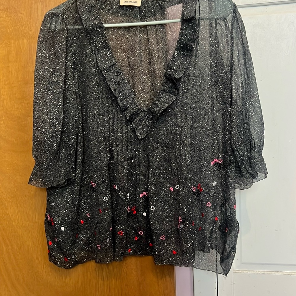 Zadig and Voltaire sheer patterned top. Short sleeve.  Embroidered.